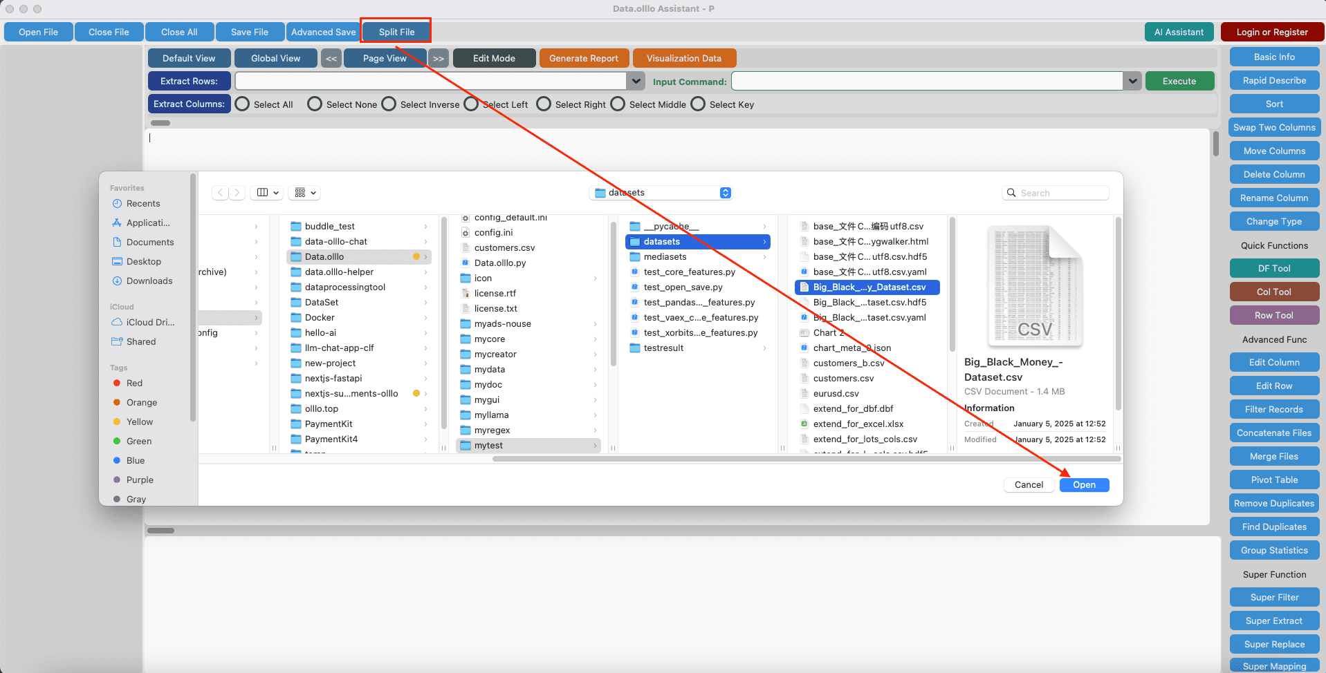 Illustration of splitting CSV files by rows with Data.olllo