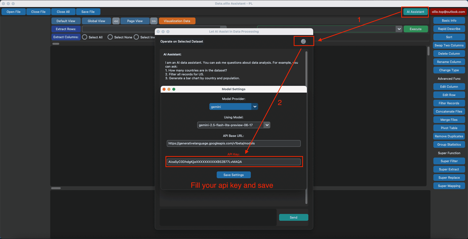 Data.olllo AI settings popup screenshot