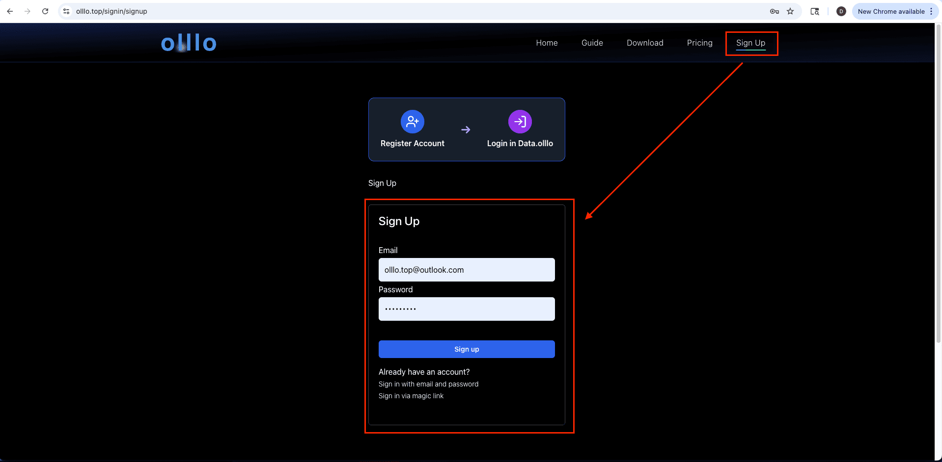 Sign up for Data.olllo AI